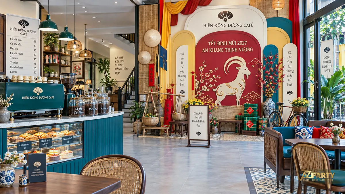 Backdrop Hiên Đông Dương Café kết hợp mành tre, quang gánh và xe đạp cổ