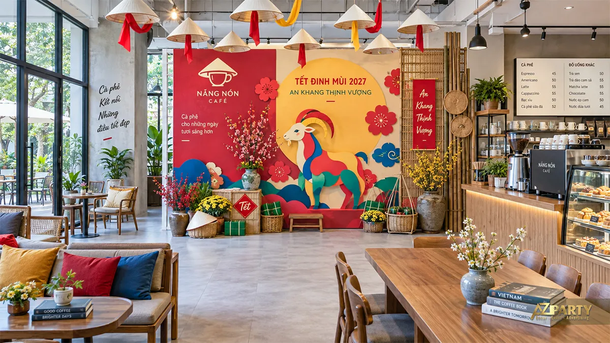 Góc check-in Nắng Nón Café với nón lá treo trần, hoa đào mai và linh vật dê