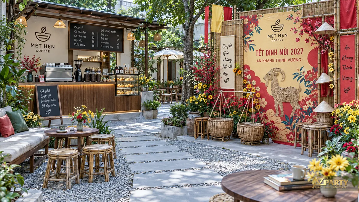 Sân vườn Mệt Hẹn Coffee có phên tre, nón lá, quang gánh và tranh dê đan