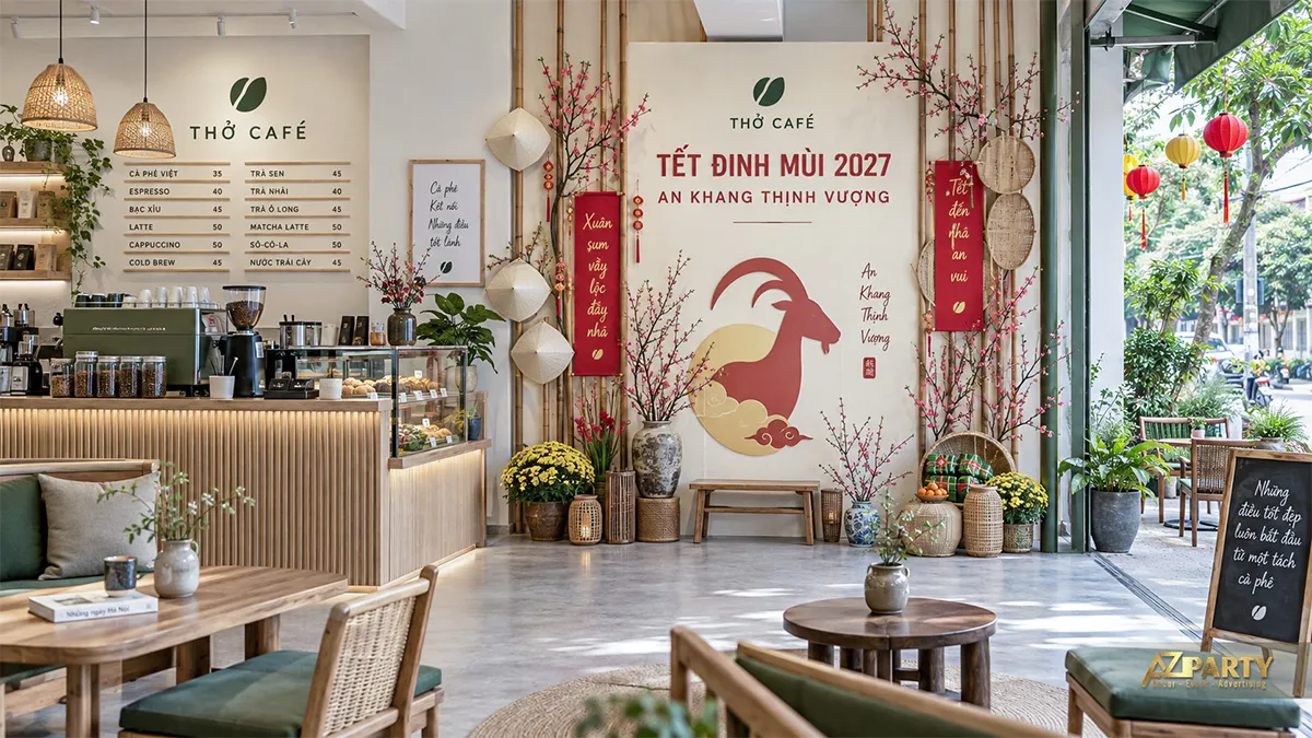 Vách Tết tối giản tại Thở Café với tranh dê đỏ kem, hoa đào và nón lá