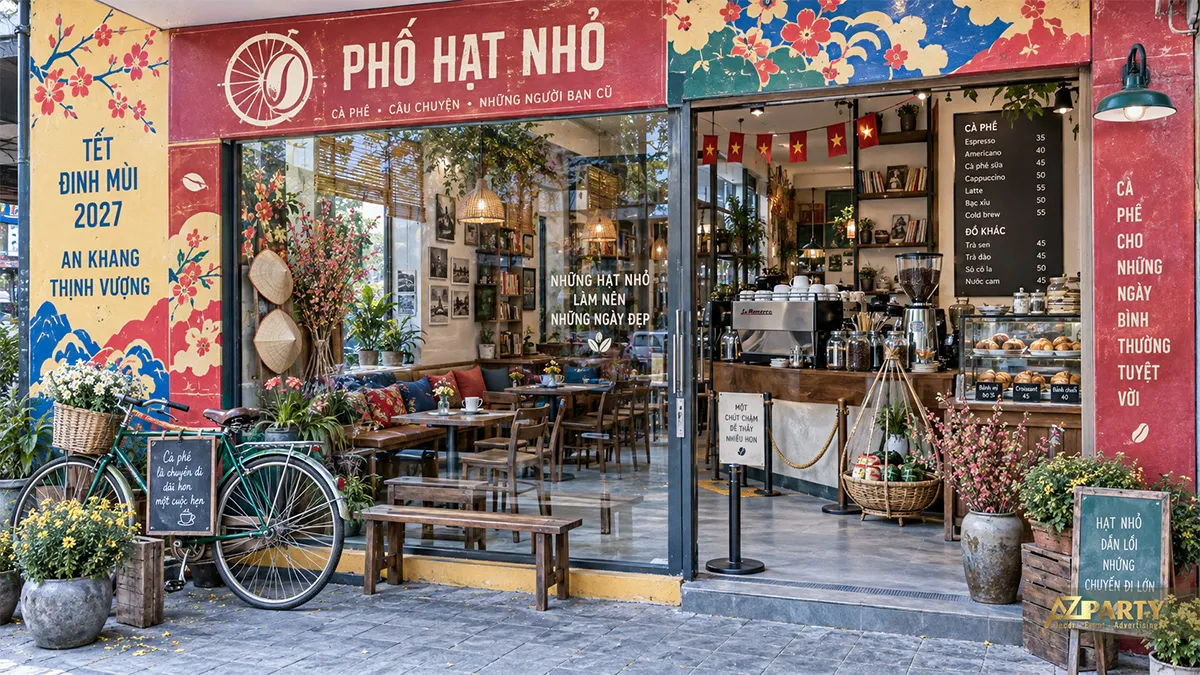 Mặt tiền Phố Hạt Nhỏ phủ tranh hoa đỏ xanh, xe đạp và cành đào