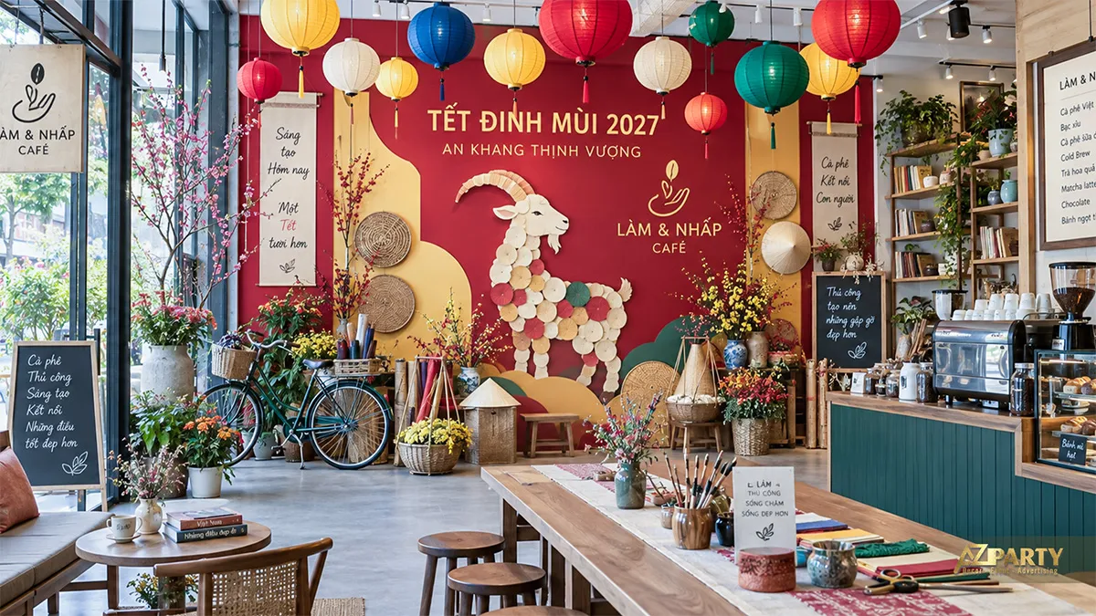 Góc thủ công Lâm và Nhấp Café với đèn lồng nhiều màu và hình dê ghép tròn