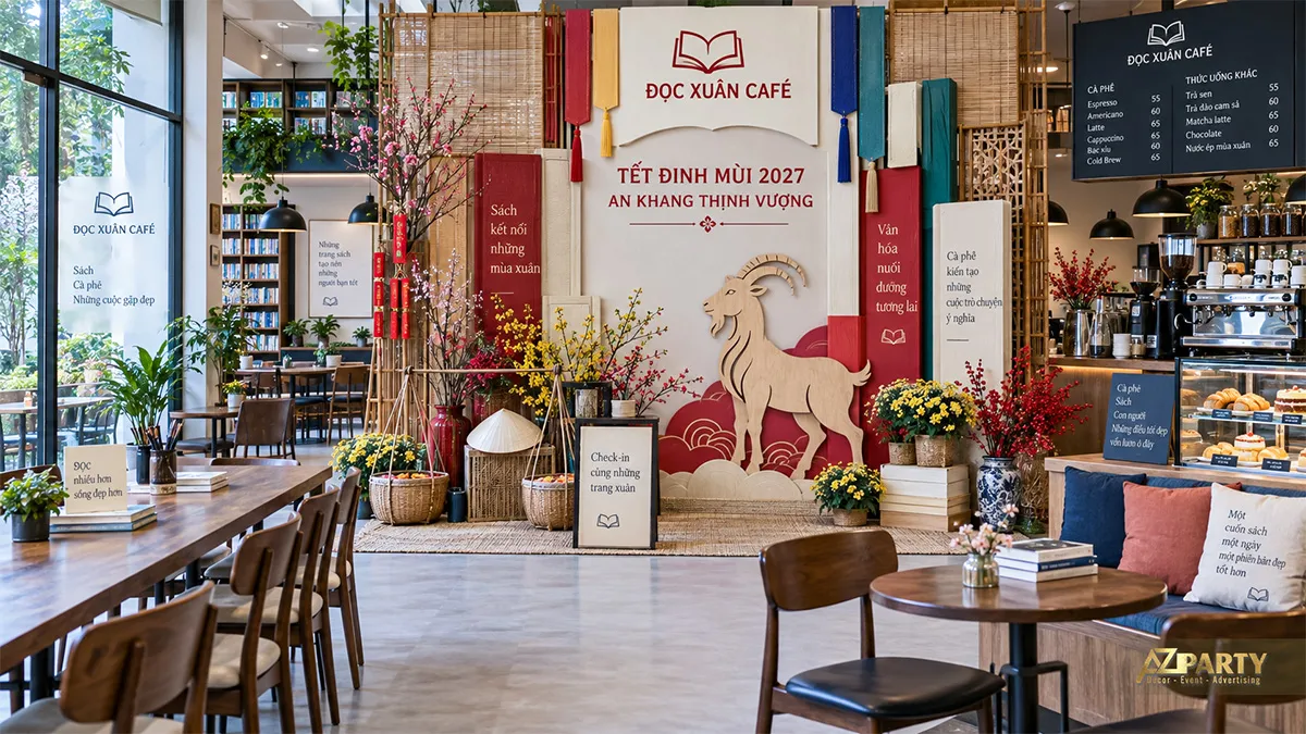 Backdrop Đọc Xuân Café kết hợp sách, phên tre, hoa đào mai và linh vật dê gỗ