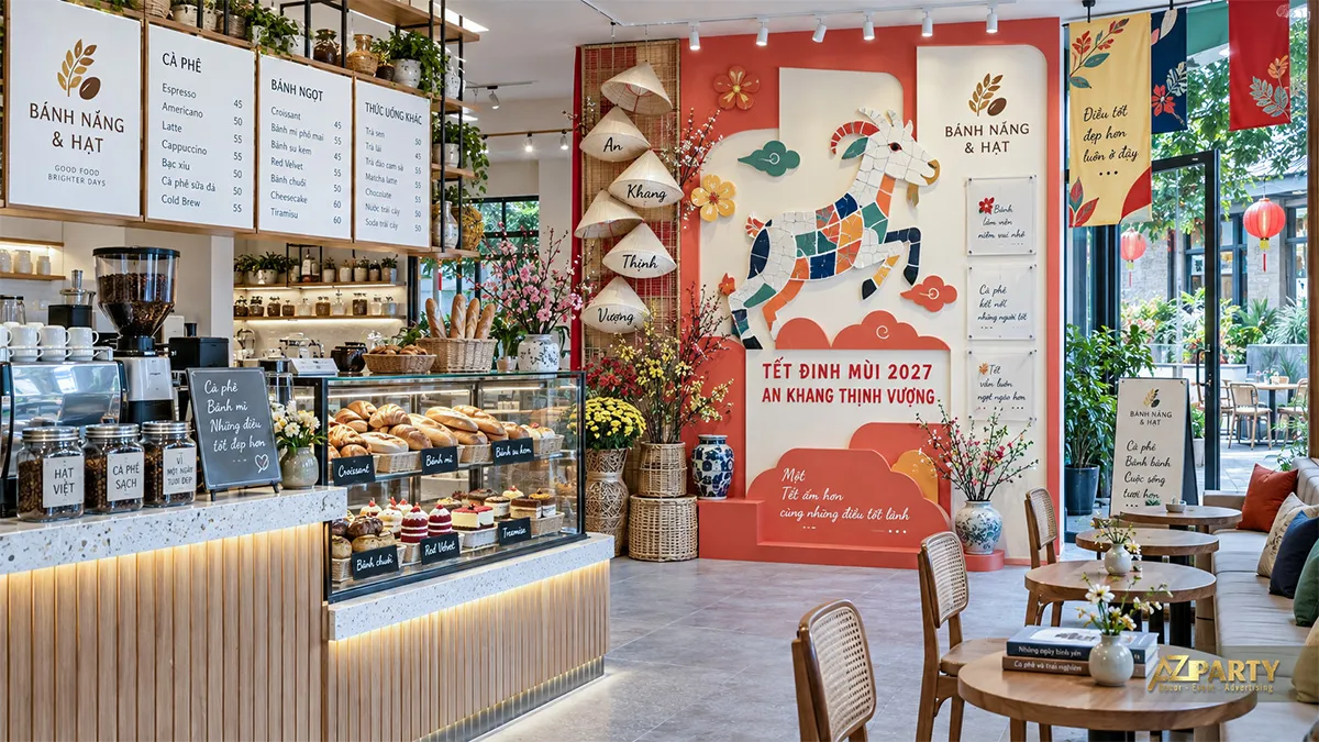 Góc Bánh Nắng và Hạt với hình dê ghép mảng màu, nón lá và hoa trang trí