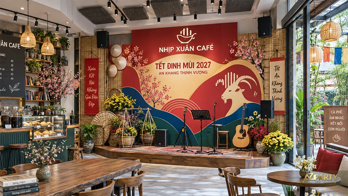 Sân khấu Nhịp Xuân Café có backdrop đỏ xanh, đàn guitar và cụm hoa Tết