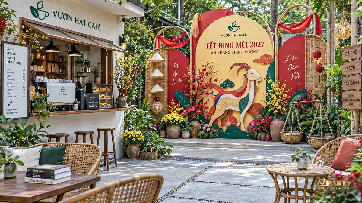 Sân vườn Vườn Hạt Café có backdrop dê nhiều lớp, mây tre và hoa mai đào