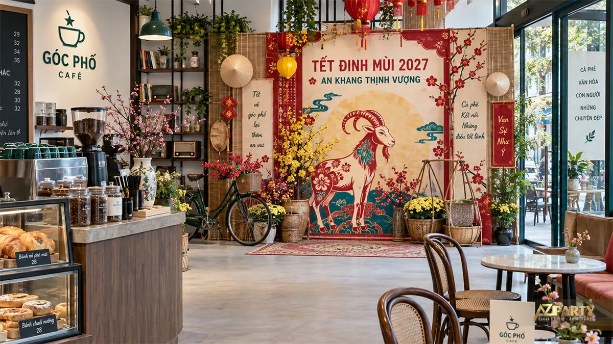 Góc Phố Café trang trí tranh dê dân gian, xe đạp, đèn lồng và quang gánh