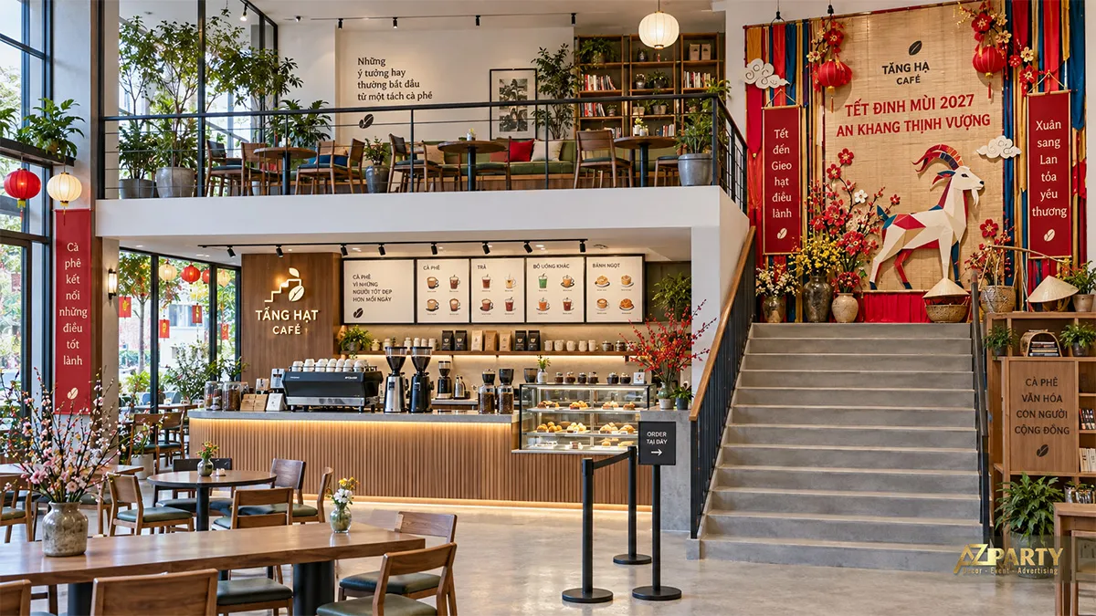 Vách Tết đặt trên chiếu nghỉ cầu thang Tầng Hạt Café với dải vải nhiều màu