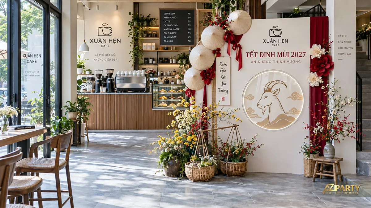 Backdrop trắng đỏ Xuân Hẹn Café phối nón lá, hoa vải và cụm hoa mai đào