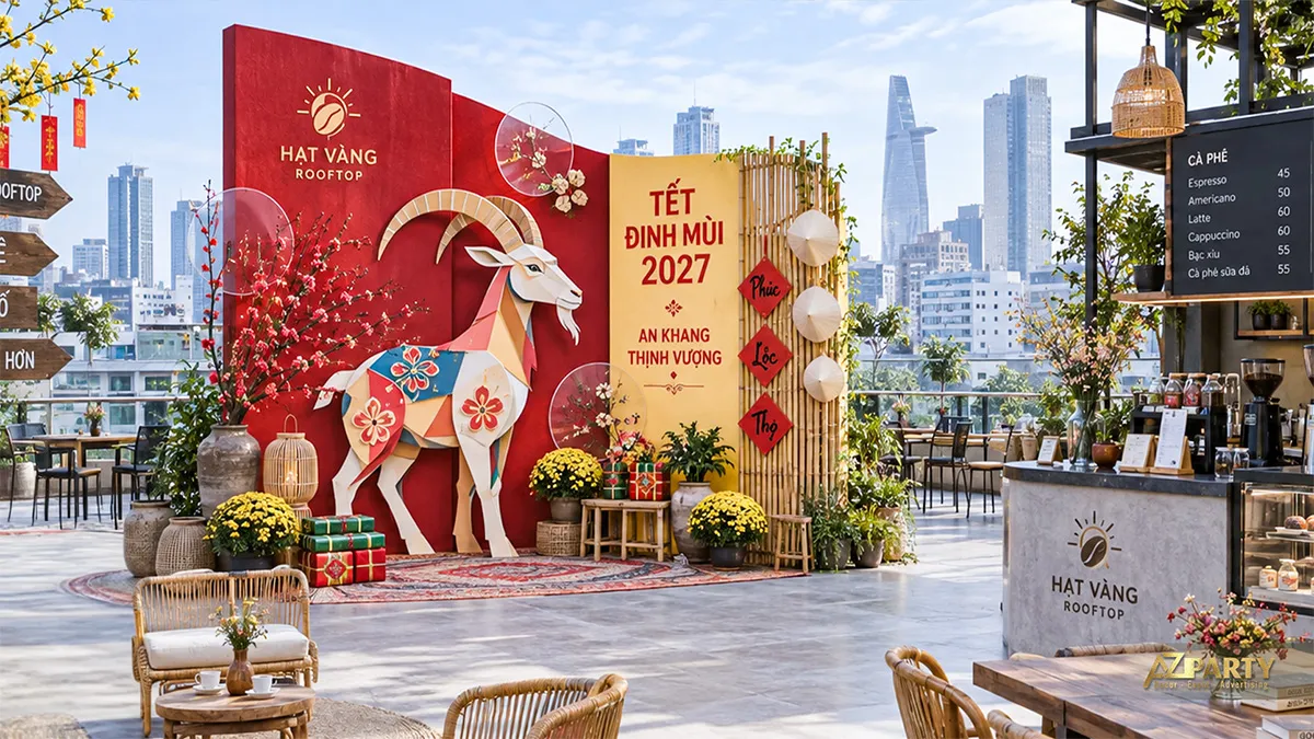 Sân thượng Hạt Vàng có backdrop dê hình học, tre, nón lá và quà Tết