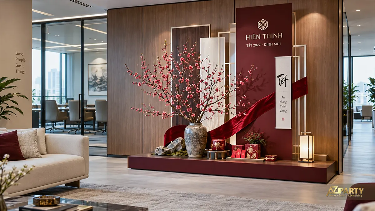 Góc Tết tinh gọn trong văn phòng với vách đỏ trầm, khung kim loại, dải lụa nhung và bình đào