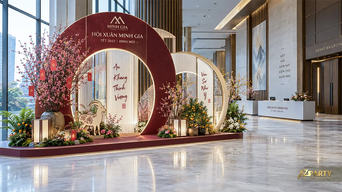 Backdrop check-in Tết tại sảnh tiệc với hai vòng vòm đỏ kem, hoa đào, quất và đèn hộp