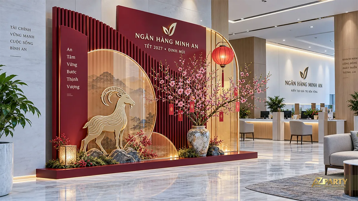 Tiểu cảnh Tết sang trọng tại ngân hàng với vách nan đỏ, tấm xuyên sáng, dê vàng và bình đào