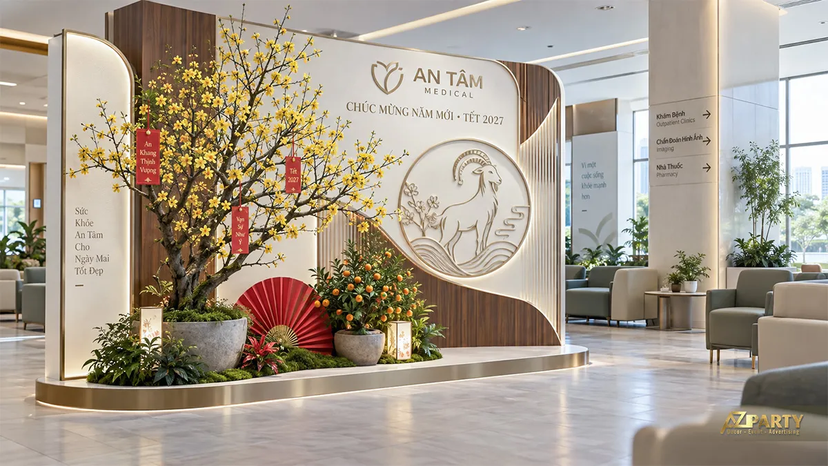 Không gian Tết tại phòng khám với vách gỗ kem uốn cong, huy hiệu dê, mai vàng và cây quất