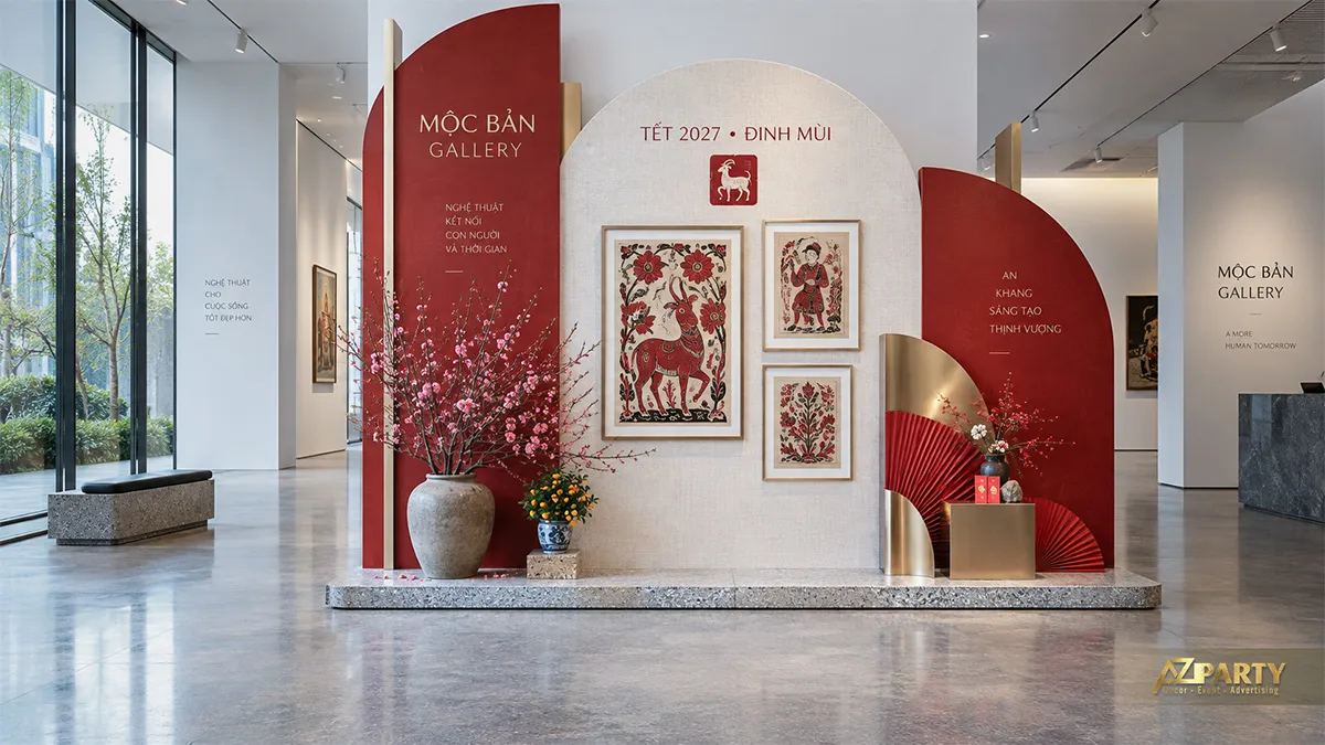 Backdrop Tết trong phòng trưng bày nghệ thuật với tranh dân gian, vách đỏ kem và bình hoa đào