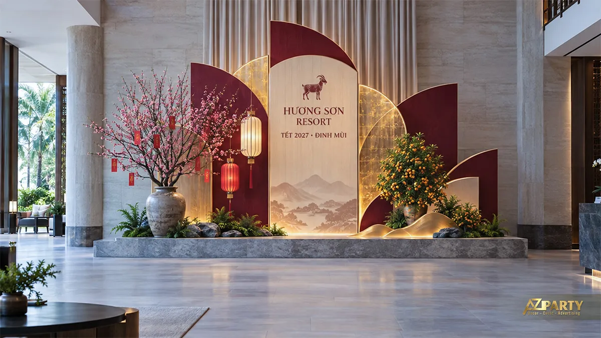 Tiểu cảnh Tết tại sảnh resort với các lớp vách đỏ kem, tranh sơn thủy, đào, quất và đèn lồng