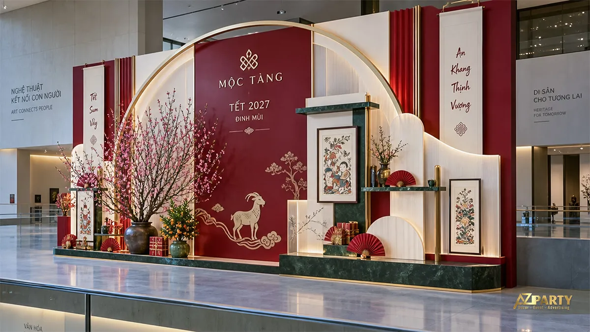 Không gian check-in Tết tại trung tâm nghệ thuật với vòm lớn đỏ kem, tranh dân gian và hoa đào