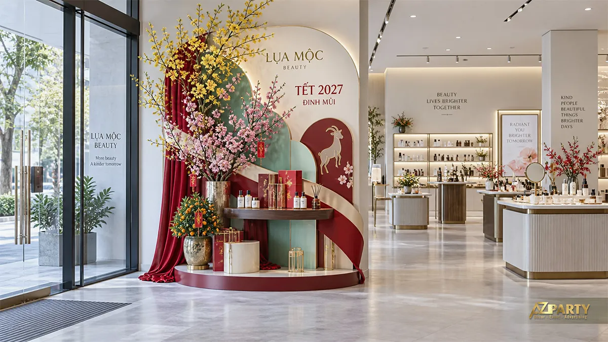 Tiểu cảnh Tết tại cửa hàng mỹ phẩm với vách bo cong, rèm đỏ, mai đào và kệ trưng bày sản phẩm