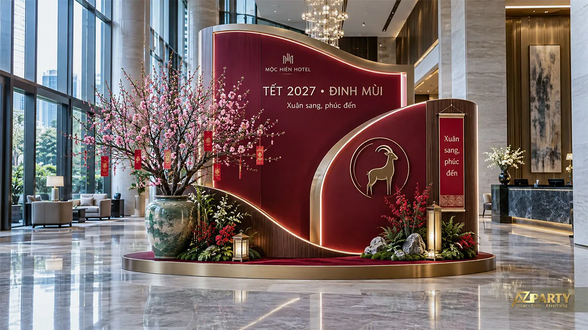 Tiểu cảnh Tết tại đại sảnh khách sạn với vách lượn đỏ gỗ, đường sáng, linh vật dê và bình đào