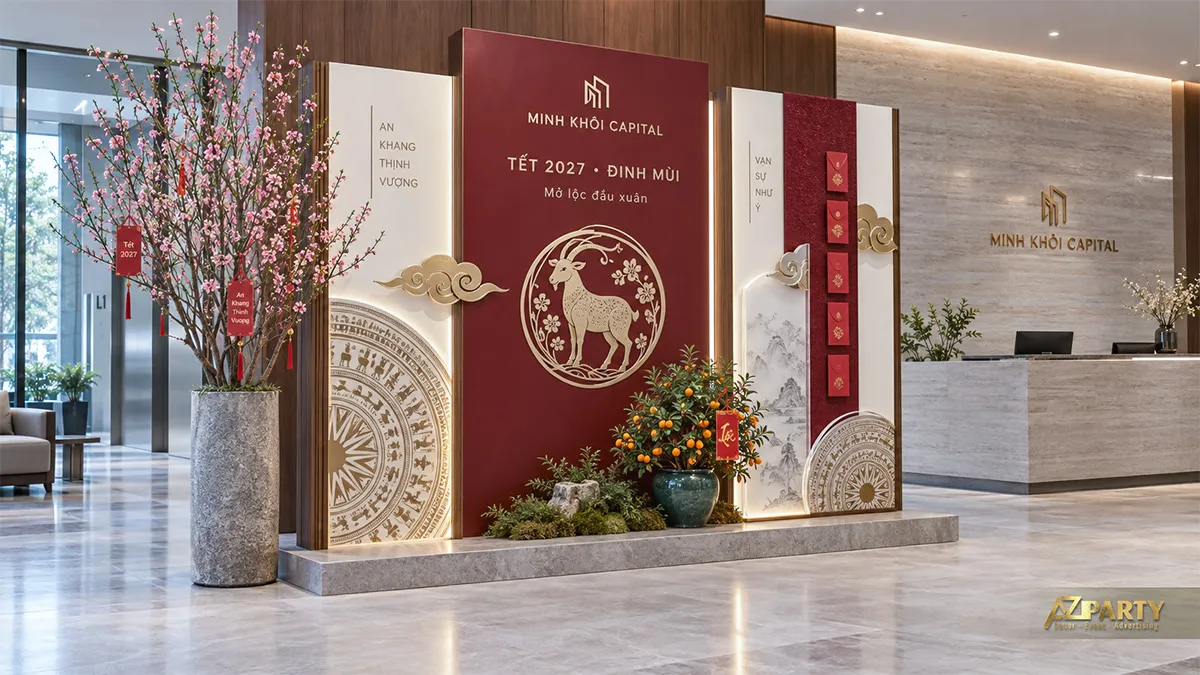 Backdrop Tết tại sảnh công ty với vách đỏ kem, họa tiết trống đồng, linh vật dê và cây đào
