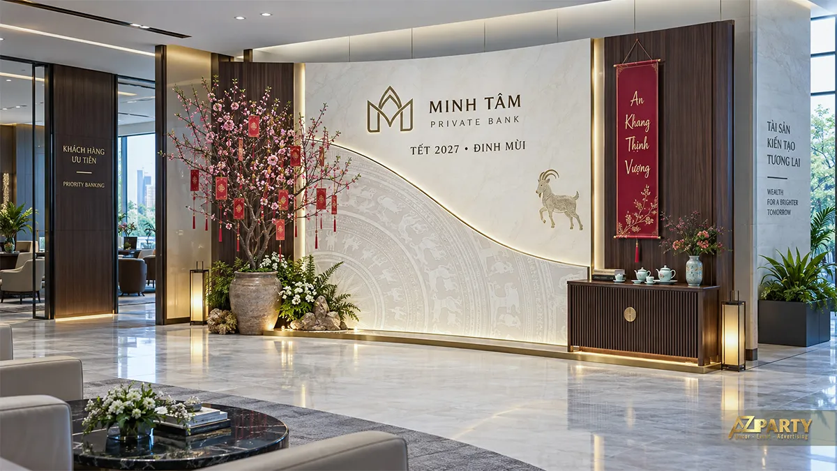 Mảng trang trí Tết tại ngân hàng cao cấp với nền đá sáng, trống đồng chìm, bình đào và bàn trà