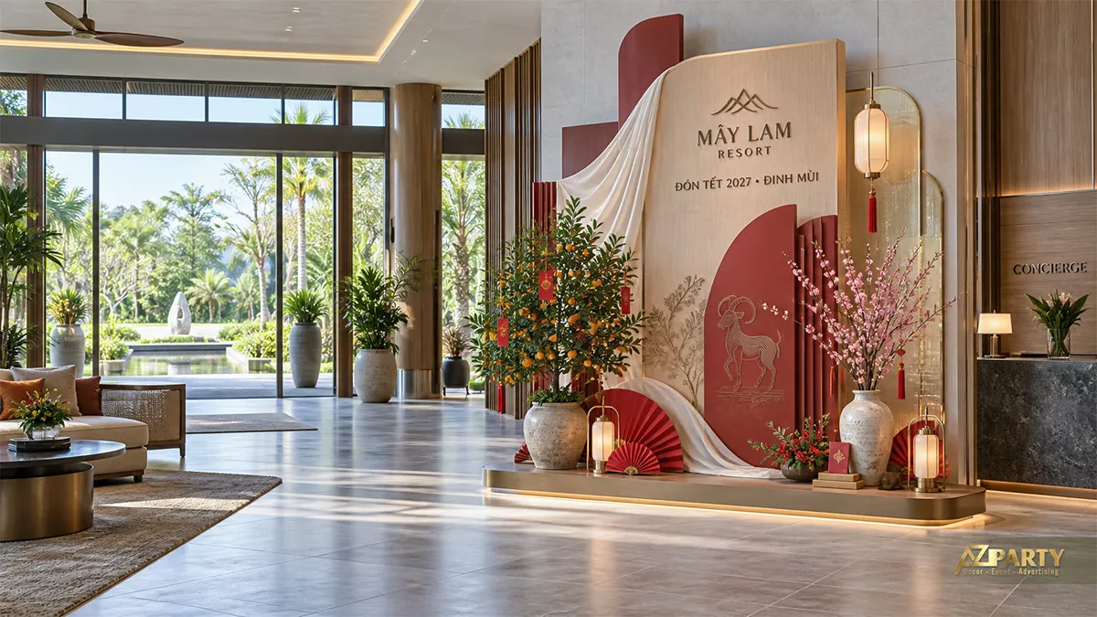 Tiểu cảnh Tết tại sảnh resort với vách gỗ đỏ, rèm lụa trắng, cây quất, bình đào và đèn lồng