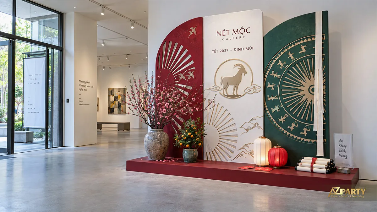 Backdrop Tết trong gallery với họa tiết trống đồng xanh đỏ, linh vật dê, đào và quất