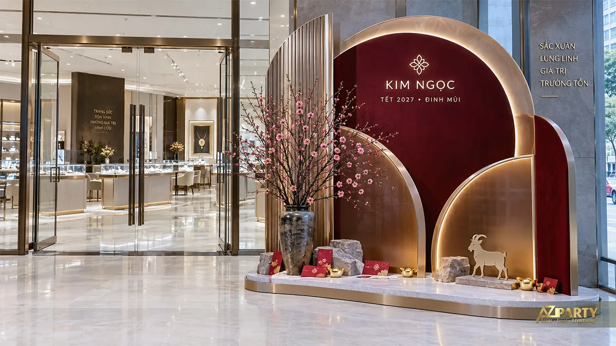 Tiểu cảnh Tết trước cửa hàng trang sức với các lớp vòm đỏ ánh kim, bình đào và linh vật dê
