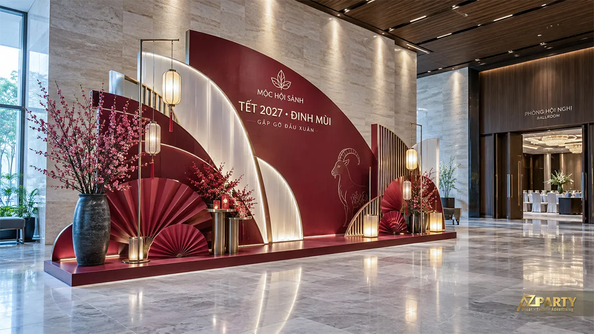 Backdrop Tết tại sảnh hội nghị với các lớp quạt lớn đỏ kem, đèn lồng và cành đào