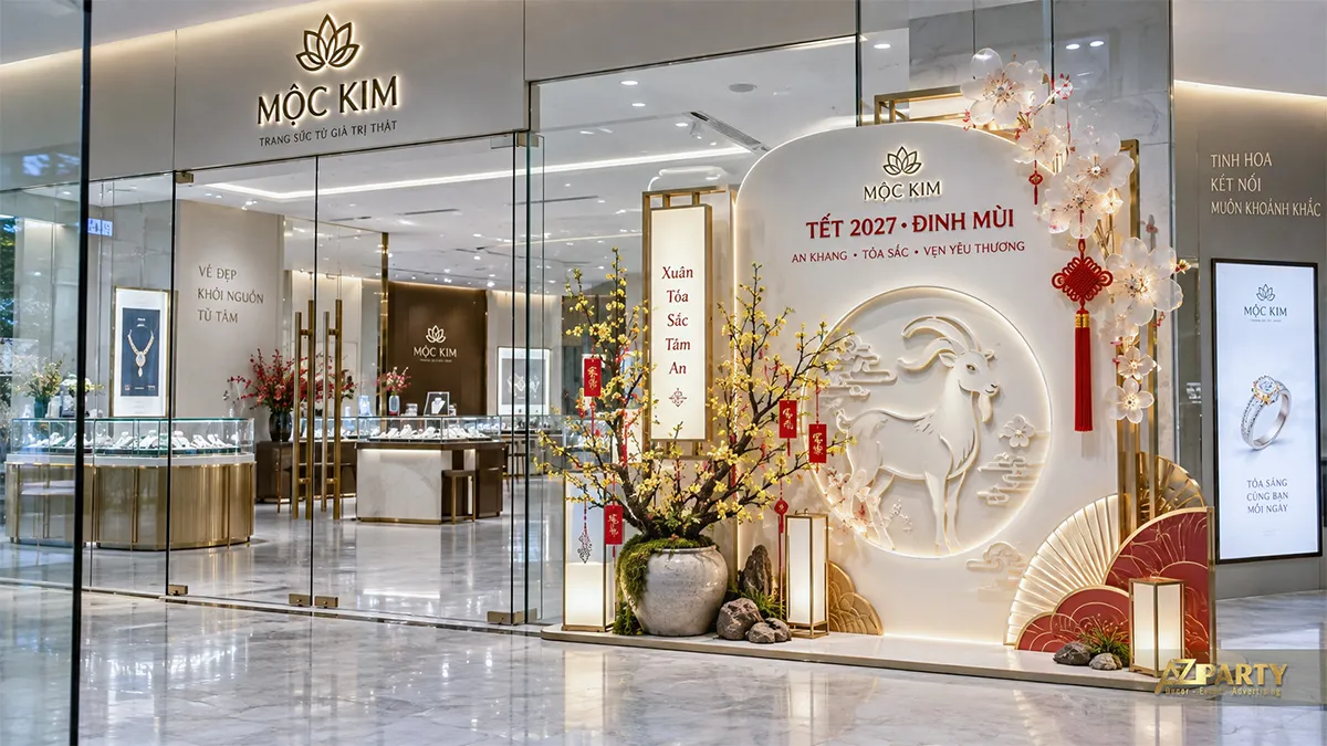 Backdrop Tết trắng vàng trước cửa hàng trang sức với phù điêu dê, mai vàng và quạt giấy