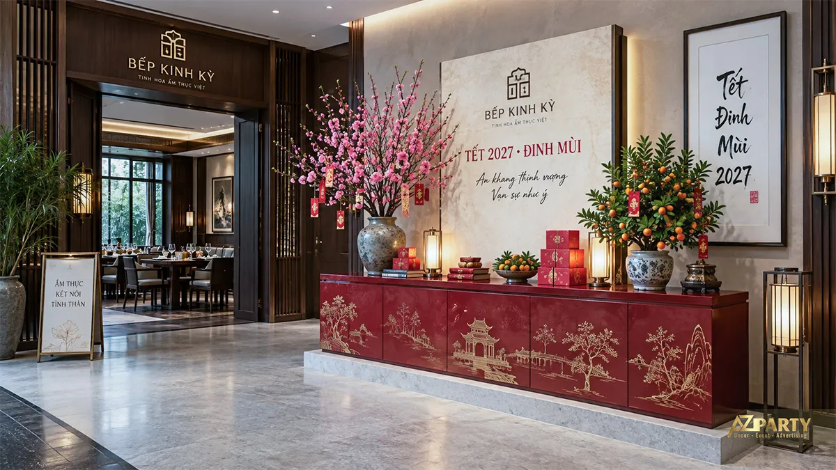 Bàn đón Tết trước nhà hàng với tủ đỏ họa tiết phong cảnh, bình đào, quất cảnh và đèn hộp