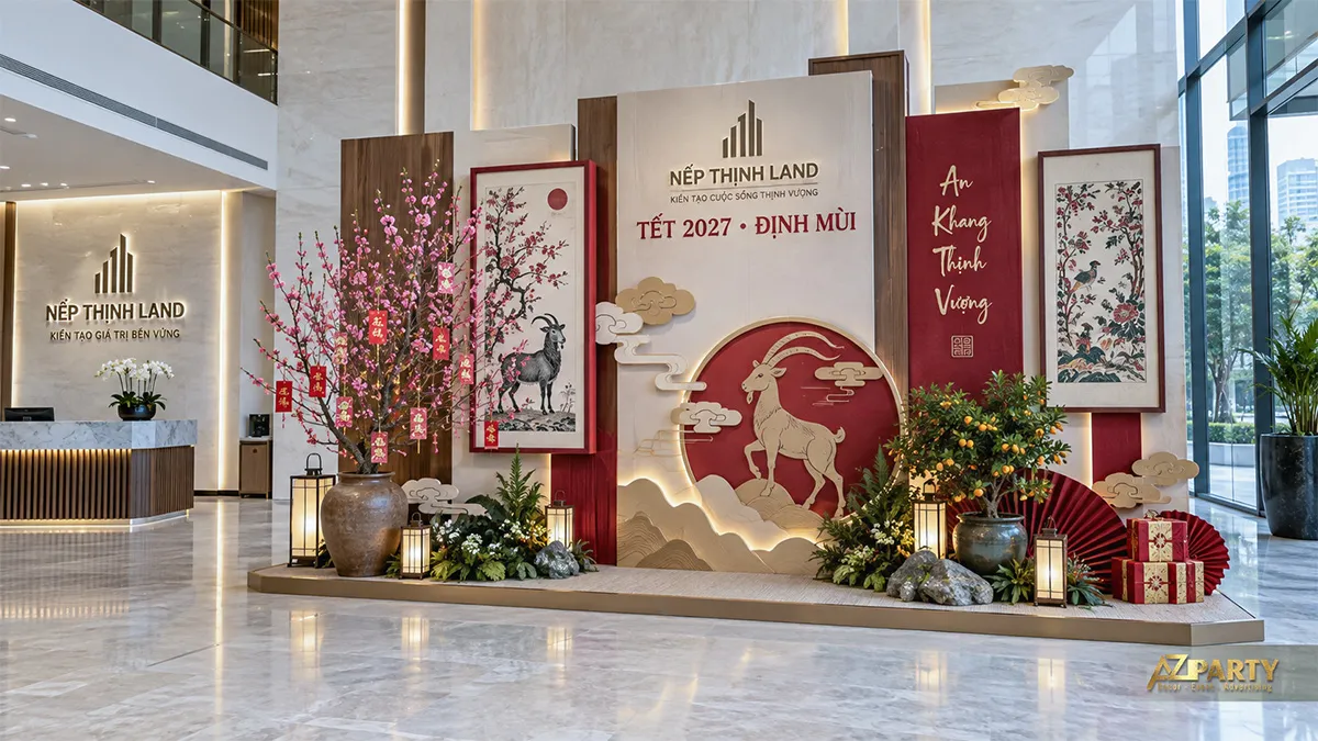 Tiểu cảnh Tết tại sảnh bất động sản với tranh dân gian, huy hiệu dê, đào và quất