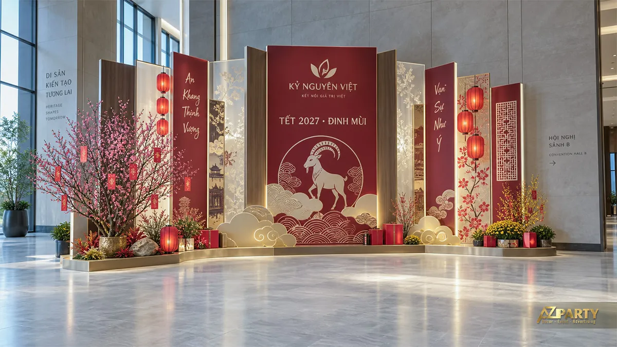 Backdrop Tết quy mô lớn tại trung tâm hội nghị với vách đỏ kem, mây nổi, đèn lồng và linh vật dê
