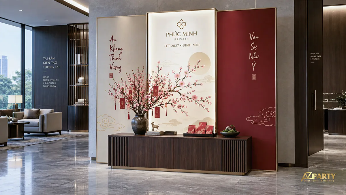 Góc Tết tại phòng giao dịch cao cấp với ba tấm vách kem đỏ, bình đào và bàn gỗ trưng bày
