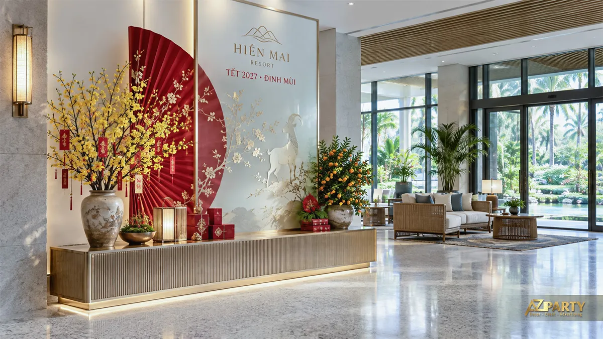 Góc Tết tại resort với tấm nền trắng, quạt đỏ lớn, mai vàng, quất cảnh và hộp quà
