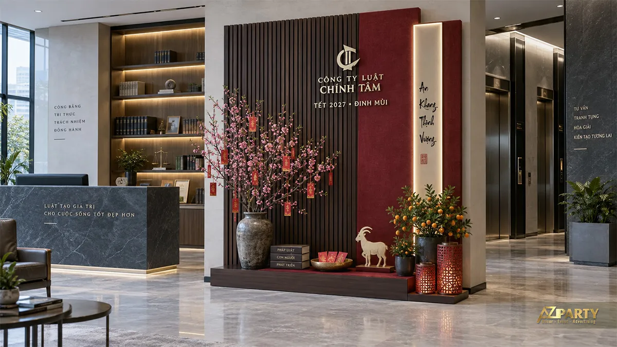 Backdrop Tết trong văn phòng luật với nan gỗ đen, vách đỏ kem, bình đào và cây quất