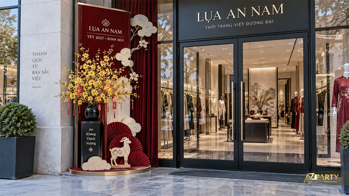 Tiểu cảnh Tết trước cửa hàng thời trang với rèm nhung đỏ, mai vàng, mây nổi và linh vật dê