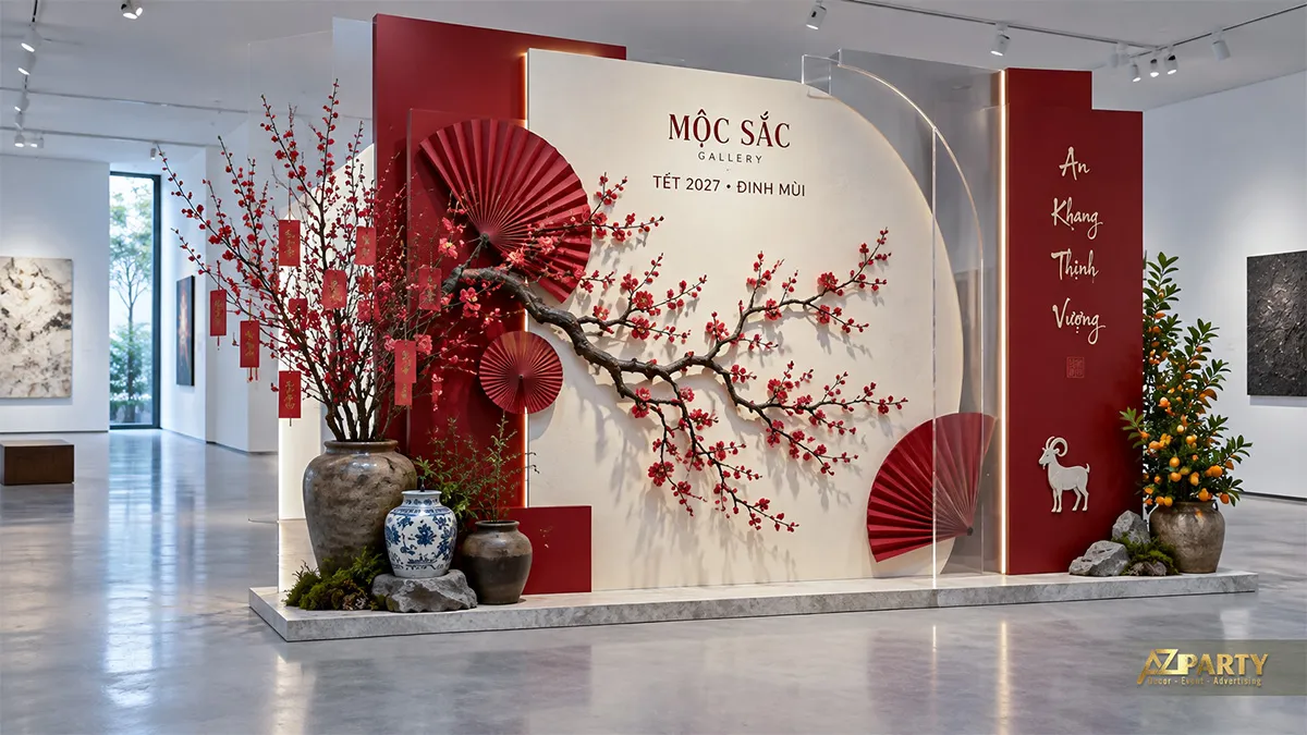 Backdrop Tết trong gallery với cành mai đỏ nổi, quạt giấy, bình gốm và chậu quất