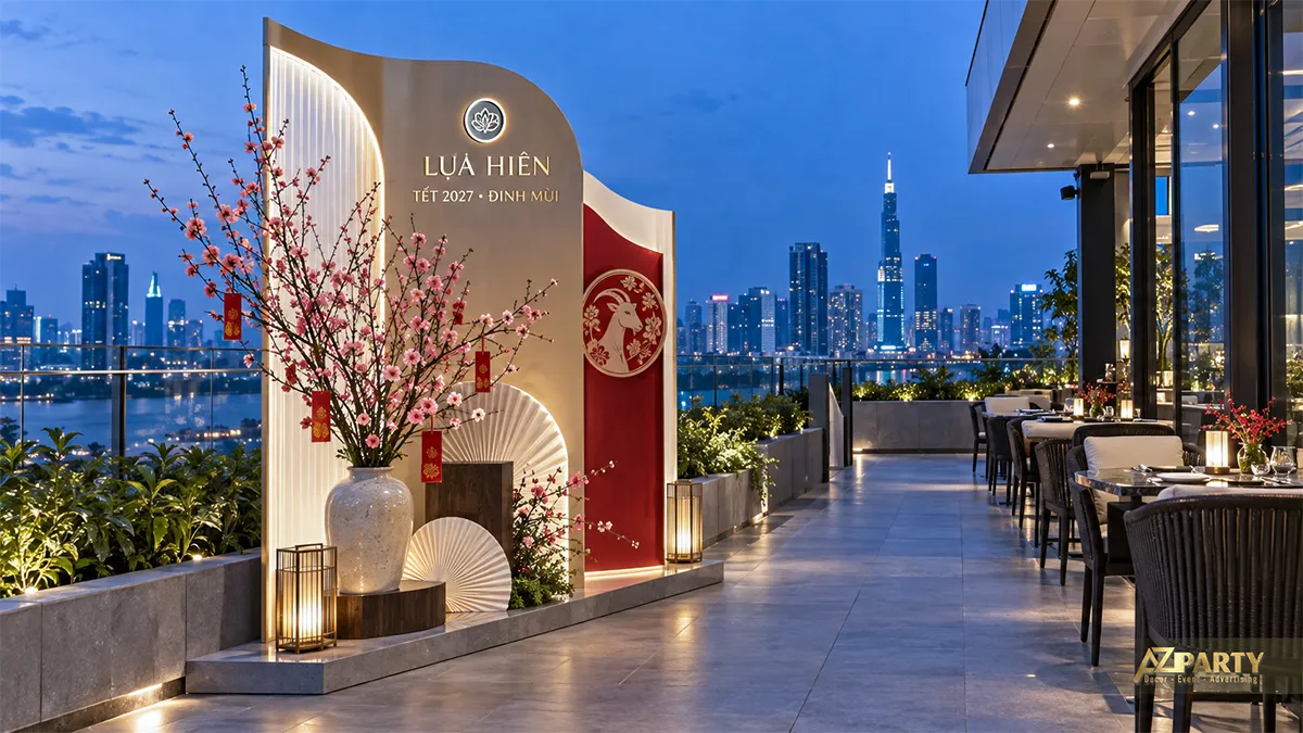 Tiểu cảnh Tết trên sân thượng nhà hàng với vách uốn trắng đỏ, bình đào và cảnh thành phố ban đêm