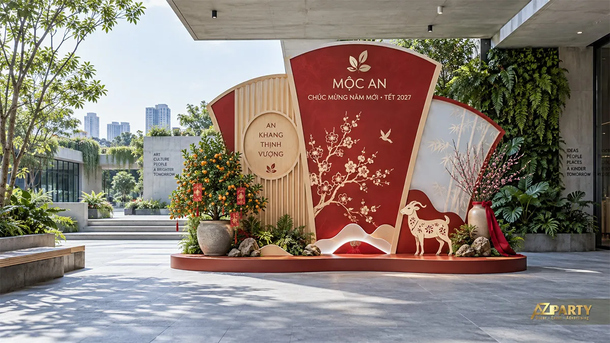 Backdrop Tết ngoài trời tại khu đô thị với ba mảng quạt đỏ kem, chậu quất và linh vật dê