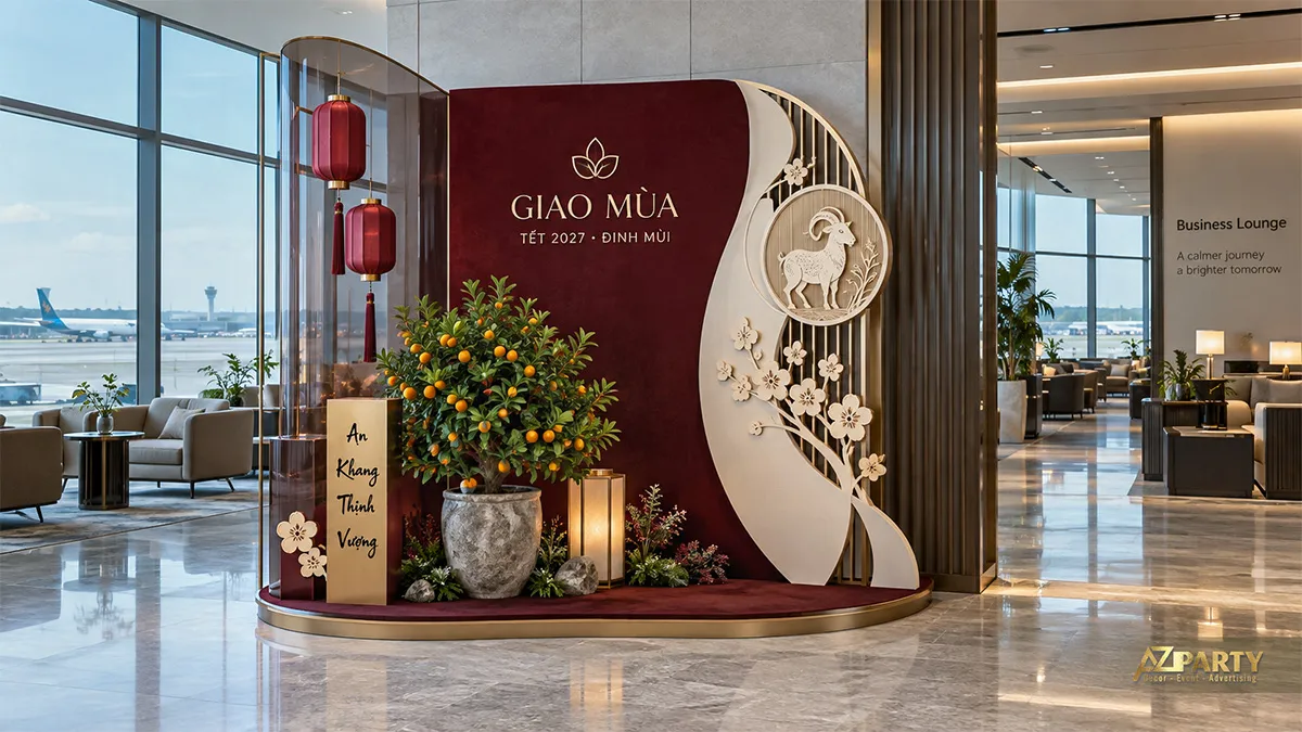 Góc đón Tết tại phòng chờ sân bay với vách đỏ kem, đèn lồng, chậu quất và phù điêu dê