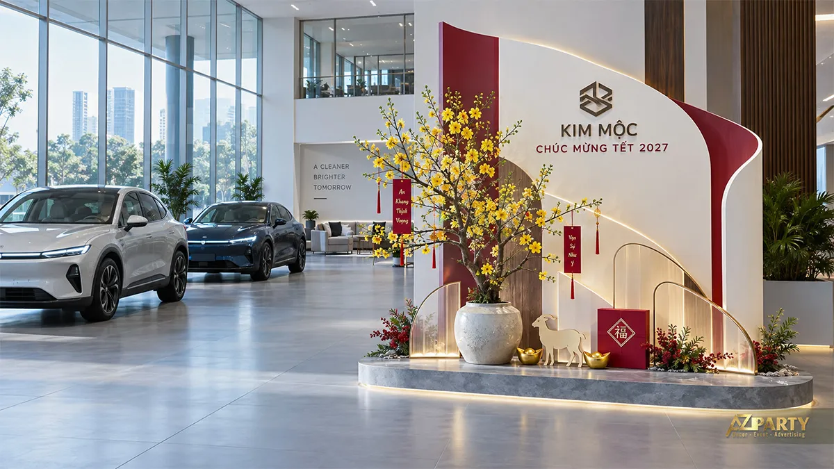 Tiểu cảnh Tết trong showroom ô tô với vách trắng đỏ uốn lượn, mai vàng và tượng dê