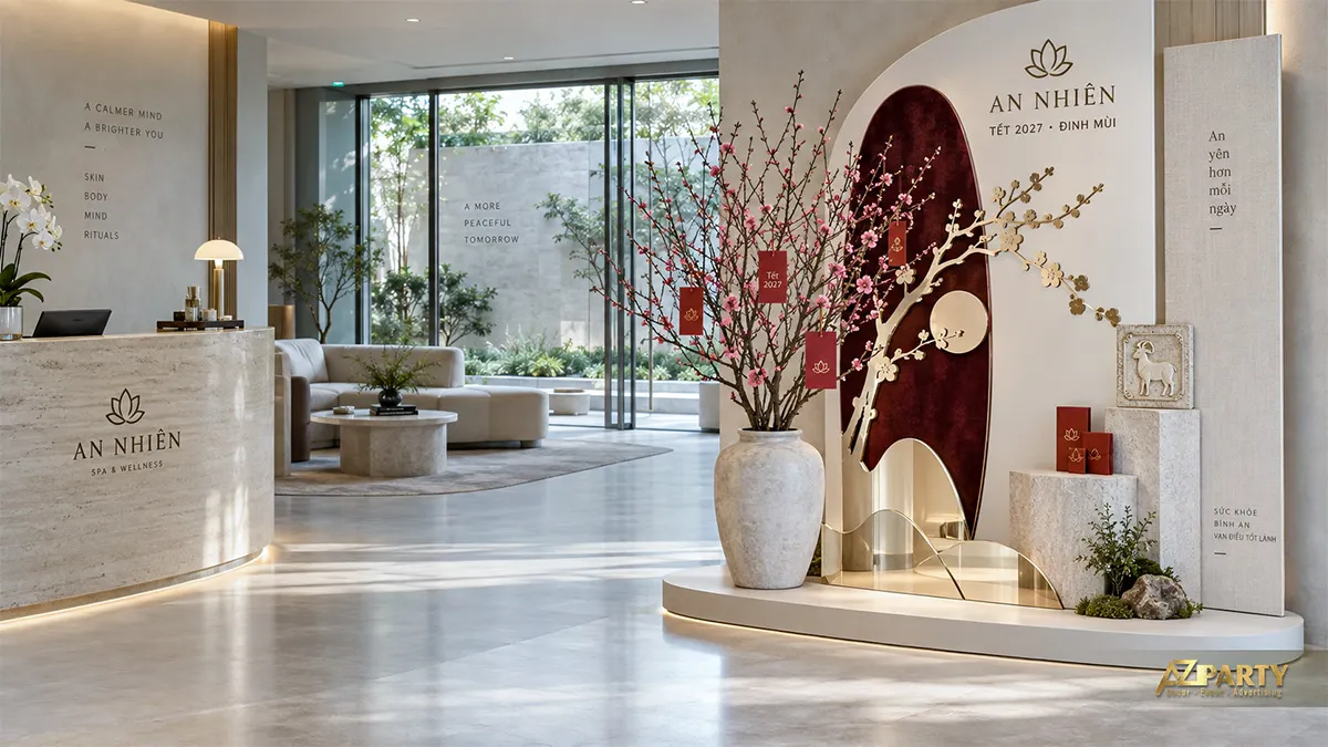 Backdrop Tết tại sảnh spa với vách trắng nhung đỏ, cành mai ánh kim và bình đào