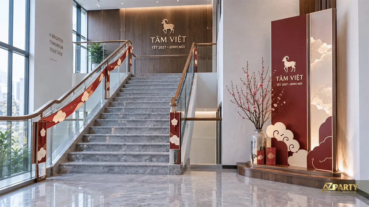 Trang trí cầu thang văn phòng dịp Tết với dải lụa đỏ họa tiết mây và tiểu cảnh hoa đào
