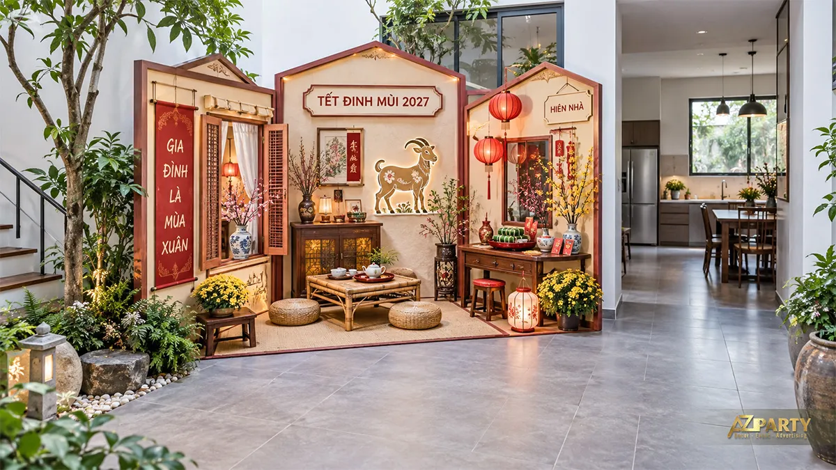 Tiểu cảnh ba gian nhà Việt trong sân trong với bàn trà và đèn lồng