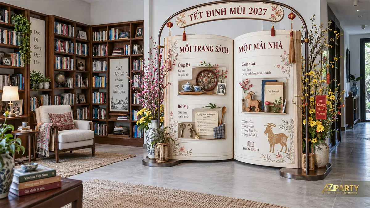 Góc đọc sách ngày xuân tạo hình cuốn sách lớn kể chuyện ba thế hệ