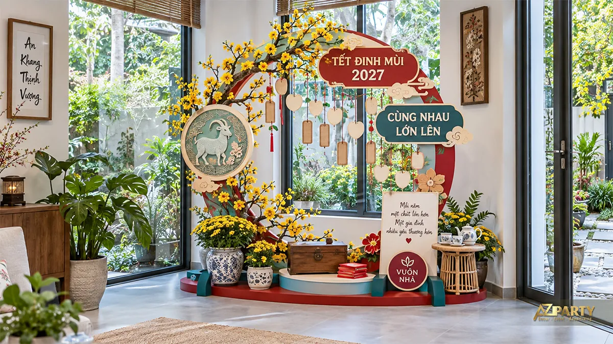 Tiểu cảnh cửa sổ phòng khách với vòng tròn treo lời chúc và cành mai