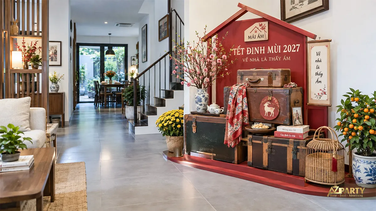 Góc Tết cạnh cầu thang với mái nhà đỏ, vali cũ và cành đào