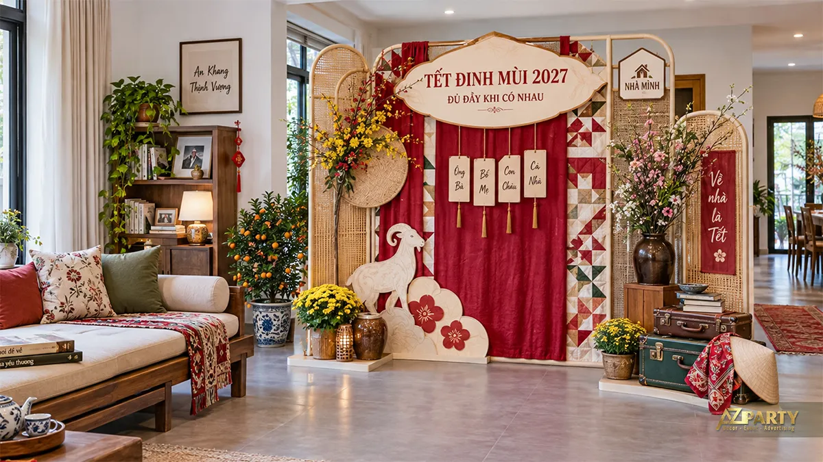 Backdrop phòng khách bằng mành tre, vải đỏ và họa tiết chăn ghép