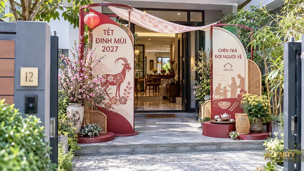 Cổng Tết sân nhà với vòm cong, khăn hoa và bàn trà nhỏ